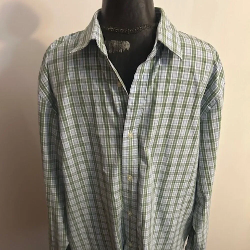 Banana Republic No Iron Classic Fit Blue/Green Plaid button down shirt, size XL